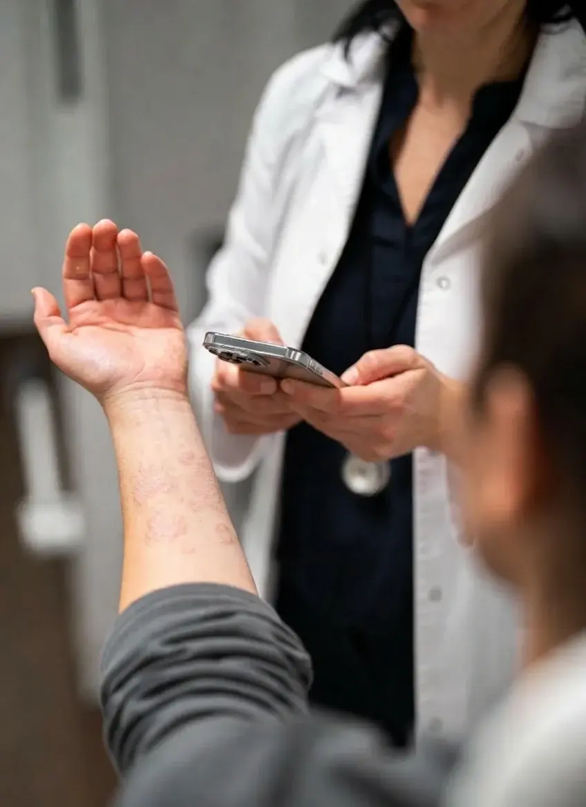 Dermatologist using PixioDoc to document patient skin condition with smartphone