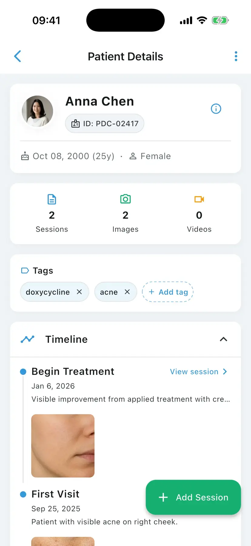 PixioDoc patient timeline showing photo sessions organized by visit date