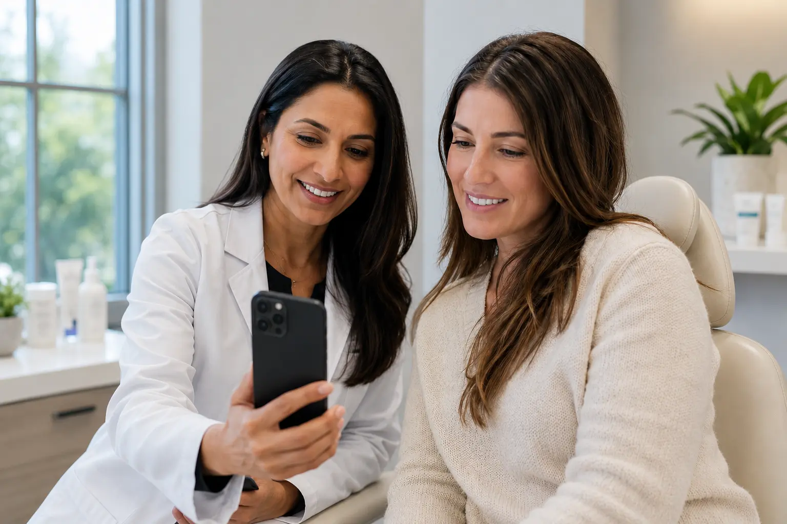 A clinician sitting with a patient, showing treatment progress photos on a phone